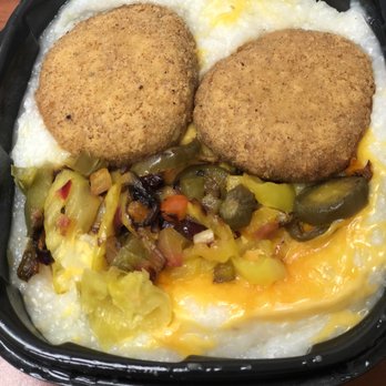 Breakfast Bowls & Burritos - Salmon Croquettes Bowl with Veggies (tomatoes, banana peppers, onions, and jalapeños) - Breakfast & Brunch Near Me - Jacksonville, Florida