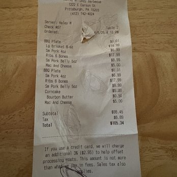 Twelve Whiskey Barbecue - Receipt - Barbeque Near Me - Pittsburgh, Pennsylvania Twelve Whiskey Barbecue - Receipt - Barbeque Near Me - Pittsburgh, Pennsylvania