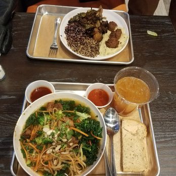 CoreLife Eatery - Steak broth bowl (with apple cider green tea and complimentary bread), hummus and falafel power plate - New American Near Me - Portage, Michigan