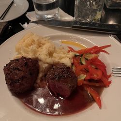 The Main Grill and Ale House - Beef Medallions with Mashed Potatoes and Red pepper, squash seasonal vegetable.