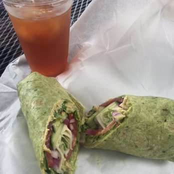 Aspinwall Beans 'N' Cream - Veggie on Spinach wrap with ice tea. Cucumber, onion, tomato, lettuce, provolone cheese, hummus and avocado! - Coffee & Tea Near Me - Aspinwall, Pennsylvania Aspinwall Beans 'N' Cream - Veggie on Spinach wrap with ice tea. Cucumber, onion, tomato, lettuce, provolone cheese, hummus and avocado! - Coffee & Tea Near Me - Aspinwall, Pennsylvania