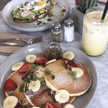 Everyday Eatery - Ricotta hotcakes, Golden rose latte, Avo toast, and beet latte - Cafes Near Me - Irvine, California