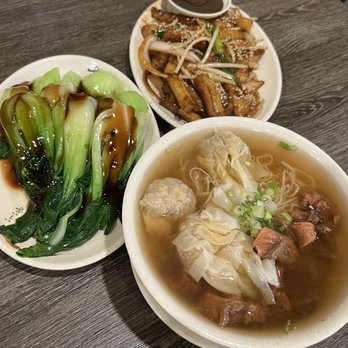 Wonton Noodle House - Wonton and beef brisket noodle soup, pan fried rice roll with soy sauce, and baby bok choy with oyster sauce - Noodles Near Me - Edmonds, Washington Wonton Noodle House - Wonton and beef brisket noodle soup, pan fried rice roll with soy sauce, and baby bok choy with oyster sauce - Noodles Near Me - Edmonds, Washington