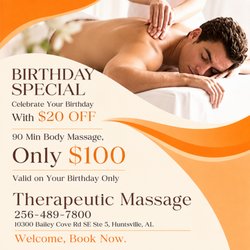 Therapeutic Massage - $20 Off a 90 Min Body Massage on Your Birthday, Now Only $100, Regular $120.