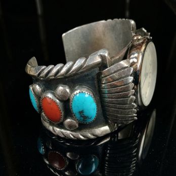 Deeda's Corner - This is a circa 1950s cuff watch: stearling silver, kingsman turquoise and Mediterranean coral. My latest purchase. - Antiques Near Me - Pueblo, Colorado Deeda's Corner - This is a circa 1950s cuff watch: stearling silver, kingsman turquoise and Mediterranean coral. My latest purchase. - Antiques Near Me - Pueblo, Colorado