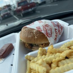 Chicken sandwich. Soggy with lukewarm fries. I was one of the first customers on opening day. Chicken sandwich. Soggy with lukewarm fries. I was one of the first customers on opening day.