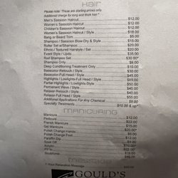 Gould's Academy - Park Place - Price list of available services as of November 2022