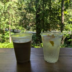 skookumchuck bakery and cafe - Iced latte, Balsamic Peach Spritzer - 4 stars (be sure to mix it!). Sat lunch 2024-08-3