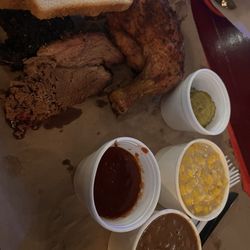 Texas Pride Barbecue - Two 2 Meat Dinner. Chicken, brisket, Cream Corn, Pinto Beans