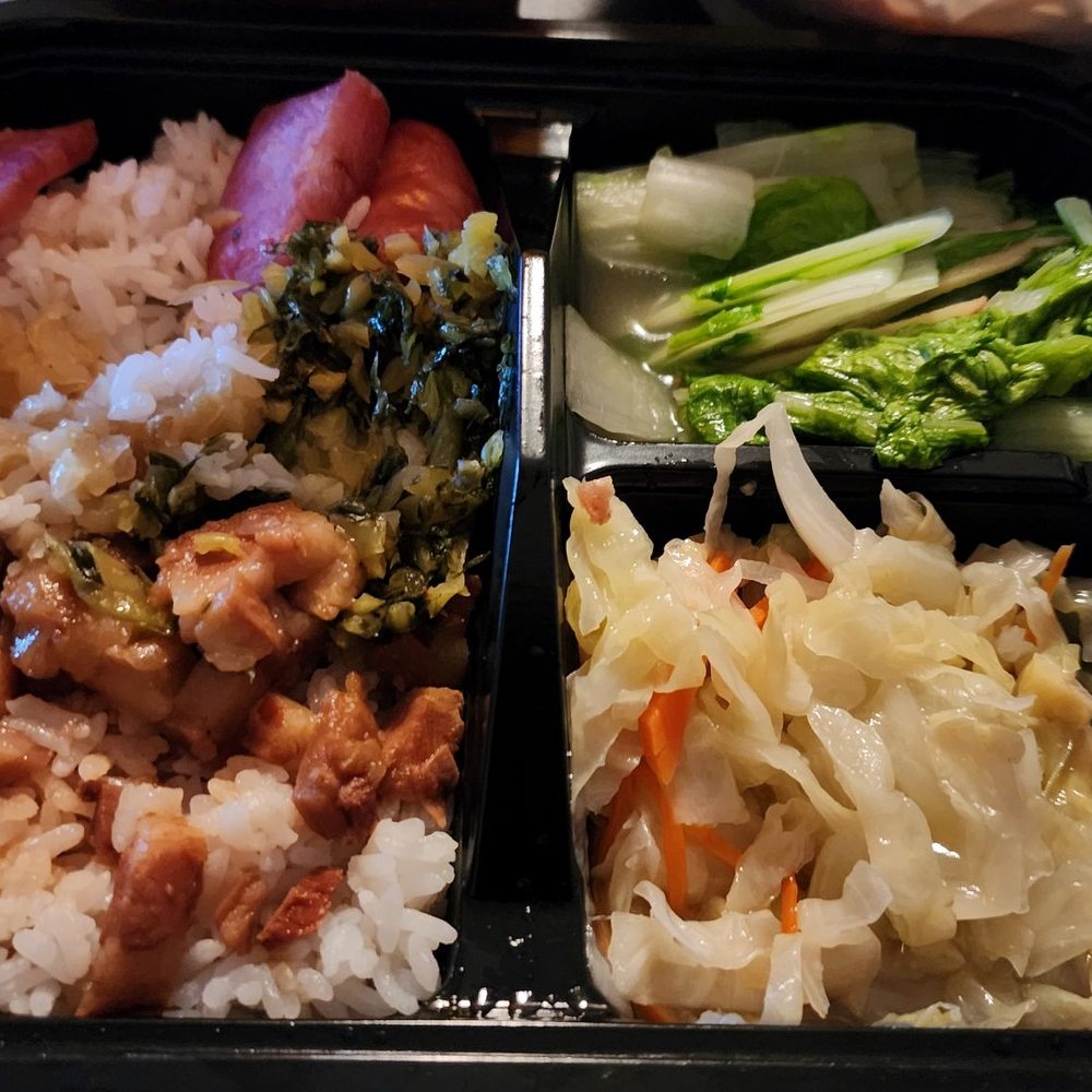 Amore Eats - Bento box with Chinese sausage and pickled greens over rice, cabbage and greens. - Taiwanese Near Me - Rockville, Maryland