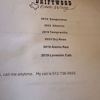 Driftwood Estate Winery - Tasting menu - Wineries Near Me - Driftwood, Texas