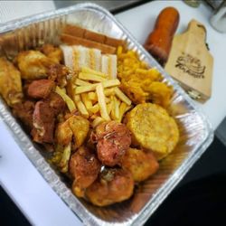 The Latin Corner - Bandeja Esmayá / Hungry Platter: Fried chicken, chicken wings, fried pork, fries, mofongo, tostones, SPAM finger sandwiches
