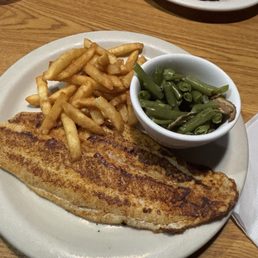 blackened catfish, green beans, and french fries