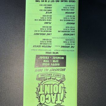 Taco Joint - Upside down menu - Tex-Mex Near Me - Dallas, Texas