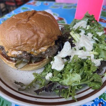 The Root Cafe - Pimento Cheeseburger w/side salad - Cafes Near Me - Little Rock, Arkansas