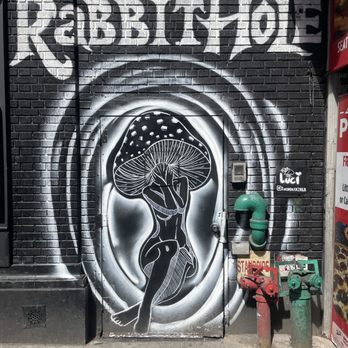 Rabbit Hole Lounge - a mural of a woman holding a fan - Lounges Near Me - New York, New York Rabbit Hole Lounge - a mural of a woman holding a fan - Lounges Near Me - New York, New York