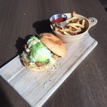 Tout Suite - Salmon sandwich with fries (Dinner 7/24/17) - Cafes Near Me - Houston, Texas Tout Suite - Salmon sandwich with fries (Dinner 7/24/17) - Cafes Near Me - Houston, Texas