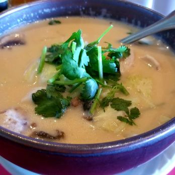 Cafe de Thai & Sushi - Tom Kah - Chicken in coconut milk broth, with lemongrass, cabbage, mushroom and galangal herbs - Thai Near Me - Oceanside, California Cafe de Thai & Sushi - Tom Kah - Chicken in coconut milk broth, with lemongrass, cabbage, mushroom and galangal herbs - Thai Near Me - Oceanside, California