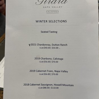 Girard Winery - Winter 2023 tasting menu - Wine Tasting Room Near Me - Calistoga, California