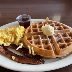 Spicers Restaurant - Belgian waffle with eggs and bacon.