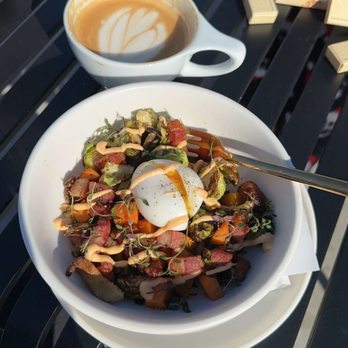 Communal Coffee - Sweet Potato Pancetta Hash and brown sugar oat milk latte - Cafes Near Me - Oceanside, California Communal Coffee - Sweet Potato Pancetta Hash and brown sugar oat milk latte - Cafes Near Me - Oceanside, California