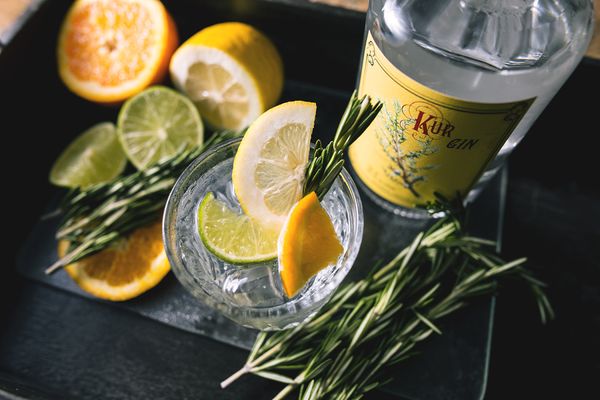 Photo of Wildwood Spirits - Bothell, WA, US. a bottle of wildwood gin with lemons and rosemary