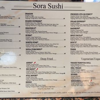 Sora Sushi - Menu - Sushi Bars Near Me - Rancho Cordova, California Sora Sushi - Menu - Sushi Bars Near Me - Rancho Cordova, California