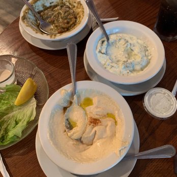 Kabob Bazaar - Starting off with some fresh appetizers, hummus, yogurt with spinach and chives and falafel - Middle Eastern Near Me - Arlington, Virginia