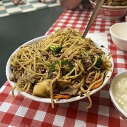 Mongolian Grill - My bowl of food after my husband dumped the food from the to-go container into my bowl!!