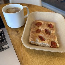 Brewed Coffee and focaccia bread Brewed Coffee and focaccia bread