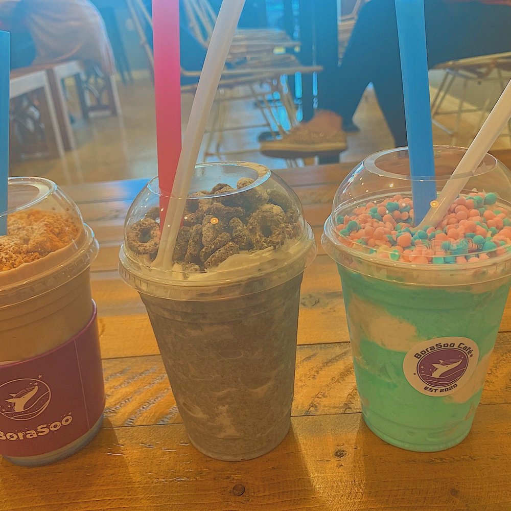 BoraSoo Cafe - (left) Blue Dessert Drink (middle) Oreo Cereal Drink (right) Yorgut Drink - Bubble Tea Near Me - Davie, Florida