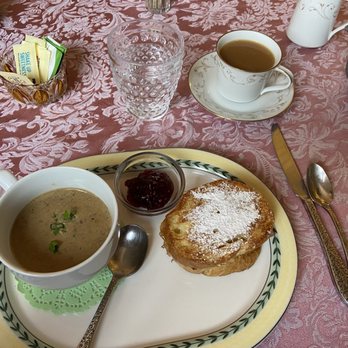 Carriage Shoppes Tea Room - Mushroom soup and half Monte Cristo sandwich - Tea Rooms Near Me - Elizabeth, Colorado