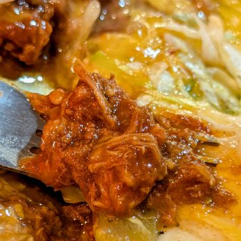 La Salita Restaurant - Carne adovada - notice how finely shredded it is. Different than all the others I've had/made - but darned yummy in that burrito. - New Mexican Cuisine Near Me - Albuquerque, New Mexico