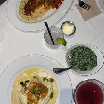 Ocean Prime - Chilean Sea Bass  Blackened Snapper Creamed Spinach Berries & Bubbles - Seafood Near Me - Boston, Massachusetts