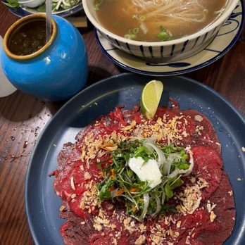 All About Pho - Filet Mignon Carpaccio Pho with iced tea - Vietnamese Near Me - Cerritos, California All About Pho - Filet Mignon Carpaccio Pho with iced tea - Vietnamese Near Me - Cerritos, California
