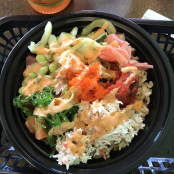 Tuna Poke - Large bowl w/ brown rice. The large affords a choice of 5 seafood options with as many toppings as you like. Was SO good! - Poke Near Me - Lacey, Washington Tuna Poke - Large bowl w/ brown rice. The large affords a choice of 5 seafood options with as many toppings as you like. Was SO good! - Poke Near Me - Lacey, Washington