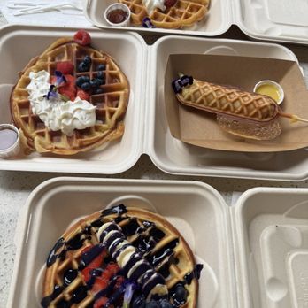 Aiwi Waffles - Berry waffles and one with ube and banana. And a grass fed beef dog with honey mustard. - Waffles Near Me - Honolulu, Hawaii