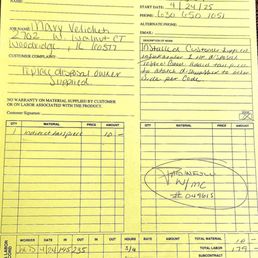 A work order form from Stephens Plumbing & Heating, Inc. includes handwritten customer details, work description, and notes about installation and inspection.