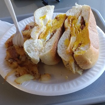 H&E Bagel Cafe - BEC on roll SPK with homefries and coffee for less than $5. They gave me a normal roll this time. - Bagels Near Me - Moriches, New York