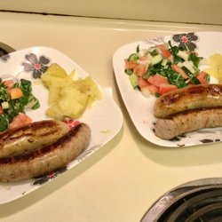 City Avenue Market - Recent dinners - pan fried German 'wurst' sausages w/steamed white potato & tossed, green salad.
