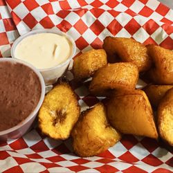 Fried Plantain with sour cream and beans
