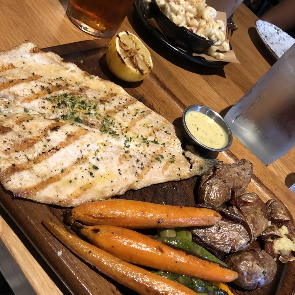 Bigfire - Trout dinner with grilled veggies & potatoes (super delicious) . Side of pork belly Mac & cheese (pretty good). - American Near Me - Orlando, Florida Bigfire - Trout dinner with grilled veggies & potatoes (super delicious) . Side of pork belly Mac & cheese (pretty good). - American Near Me - Orlando, Florida
