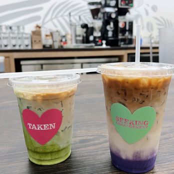 Qreate Coffee + Studio - Left - Hojicha Matcha. Right - Purple Pearl. - Coffee & Tea Near Me - Orlando, Florida Qreate Coffee + Studio - Left - Hojicha Matcha. Right - Purple Pearl. - Coffee & Tea Near Me - Orlando, Florida