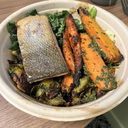BYO, with salmon, carrots, brussels sprouts on field greens BYO, with salmon, carrots, brussels sprouts on field greens