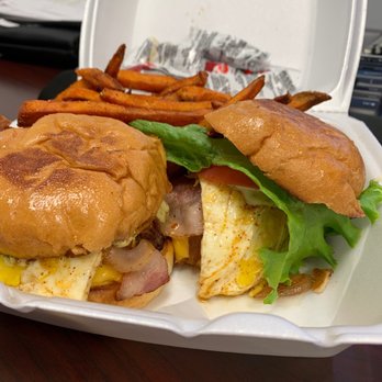 Curbside Sliderz - The #5, eggs over angus with sweet potatoes fries - Food Trucks Near Me
