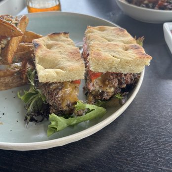 Fork & Hen - Smashed Burger on focaccia w/LTO & fries. - Soul Food Near Me - Sarasota, Florida Fork & Hen - Smashed Burger on focaccia w/LTO & fries. - Soul Food Near Me - Sarasota, Florida