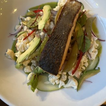 Sweet Grass Grill - The Pan-roasted Faroe Island Salmon with cauliflower and snap peas. Delicious - New American Near Me - Tarrytown, New York Sweet Grass Grill - The Pan-roasted Faroe Island Salmon with cauliflower and snap peas. Delicious - New American Near Me - Tarrytown, New York