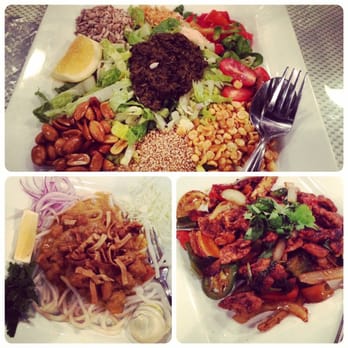Dagon - Tea leaf salad, Nan Gyi Dok, and spicy Chicken Kebat. - Burmese Near Me - Honolulu, Hawaii Dagon - Tea leaf salad, Nan Gyi Dok, and spicy Chicken Kebat. - Burmese Near Me - Honolulu, Hawaii