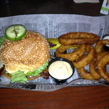 Burger Moe's - Axtell (Bacon cheddar) burger with the aioli on the side and locally brewed Summit beer battered onion rings with ranch. Yummy! - Burgers Near Me - Saint Paul, Minnesota