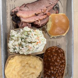 4 Rivers Smokehouse - Brisket meal  with Mac n cheese, coleslaw, baked beans, and dinner roll